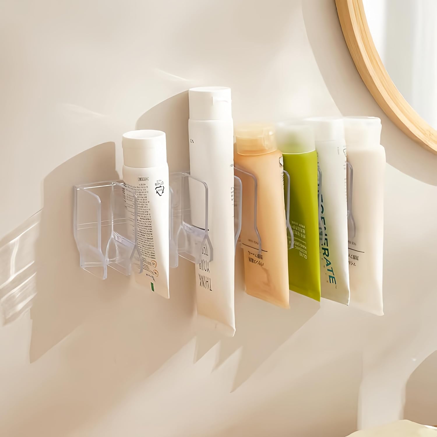 2pcs Punch-Free Storage Rack Toiletries Clips Self Adhesive Wall Mounted for Toothpaste Facial Cleanser Cosmetics Skincare, Free Stand Desktop Bathroom Kitchen Toilet Organize Rack (White)