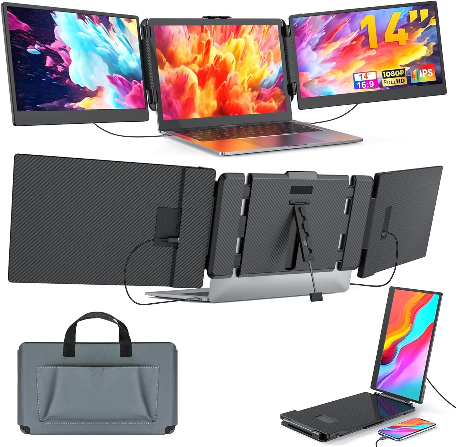 O9 O-Nine Triple Portable Monitor for Laptop Screen Extender Dual Monitor 14 Inch FHD 1080P Tri Screen Display 4 Speakers Plug and Play No Driver for 13.3-17 Inch Laptop Windows/Mac/Chrome