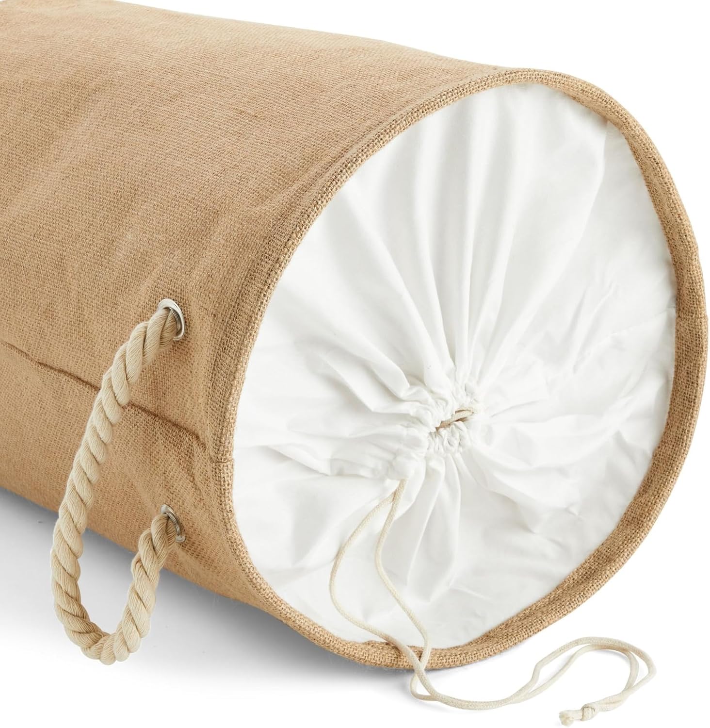 Juvale 22-Inch Collapsible Laundry Basket - Drawstring Hamper with Lid & Rope Handles - Space-Saving Collapsible Round Laundry Hamper - Aesthetic Blanket Basket for Decor - 13.4 x 22 in, Beige