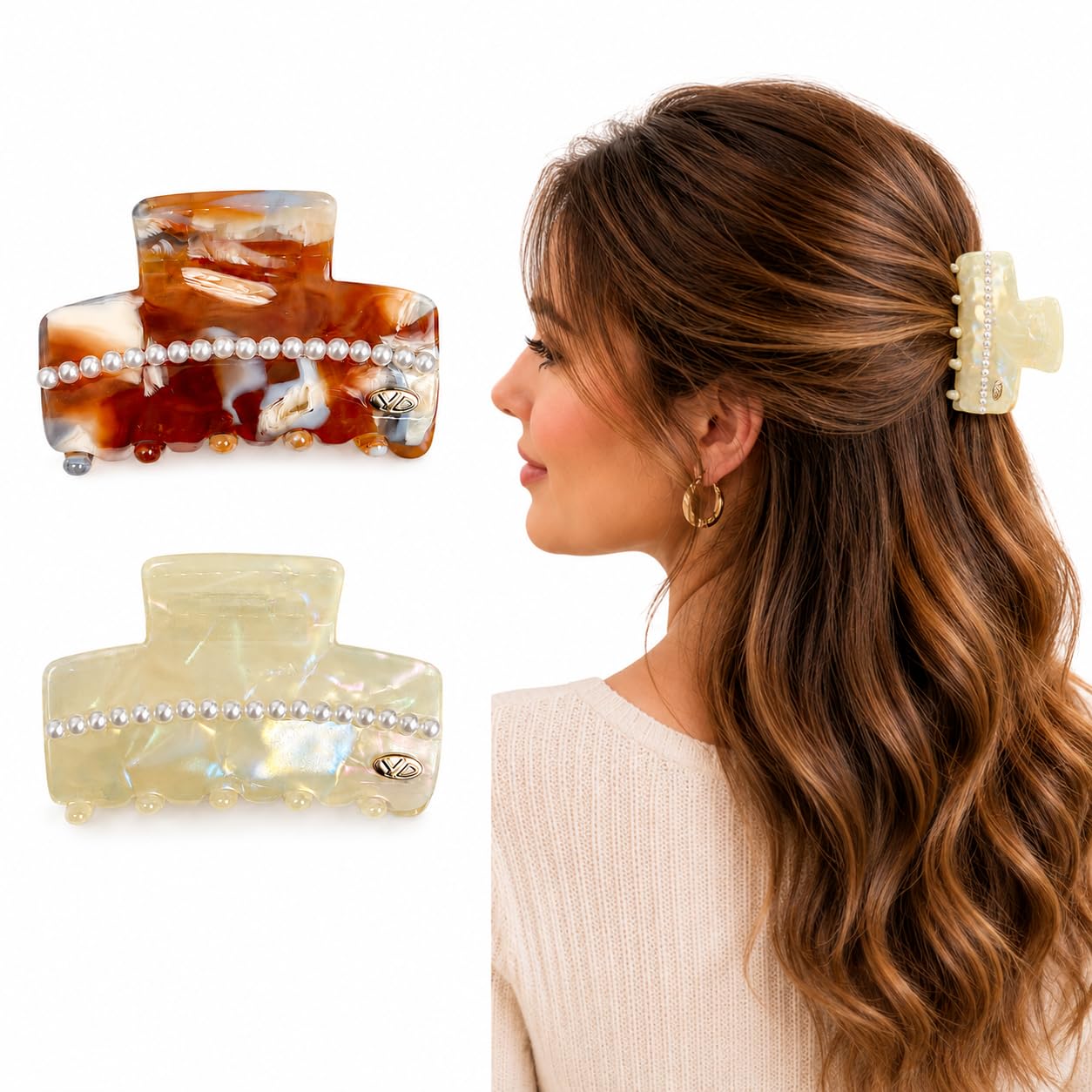 2 Pack Acetate Hair Clips for Women, Small Pearl Claw Clips, Glossy Mini Hair Claw Clips for Half Up Styles, Elegant Hair Accessories for Daily Wear Travel Gifts (Brown+Shell White)