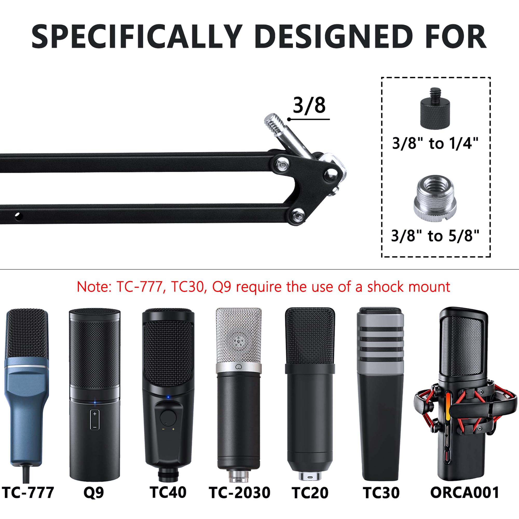 Geekria Bras de microphone réglable pour TONOR TC-777, TC30, TC40, TC-2030, Q9, ORCA001, support de bureau avec fixation à bride pour podcast, streaming, enregistrement, studio maison
