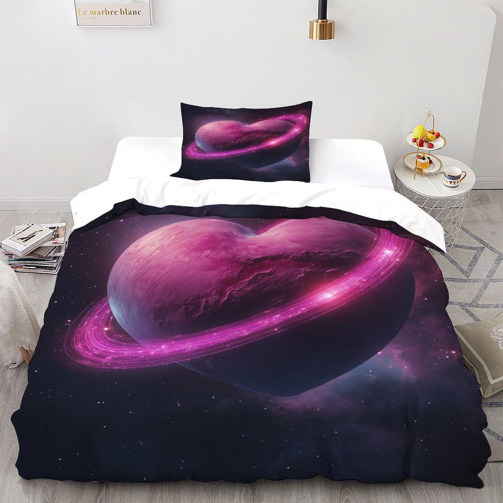 Parure de lit rose microglide Amour Planète housse de couette 135x200 avec 2 taies d'oreiller single