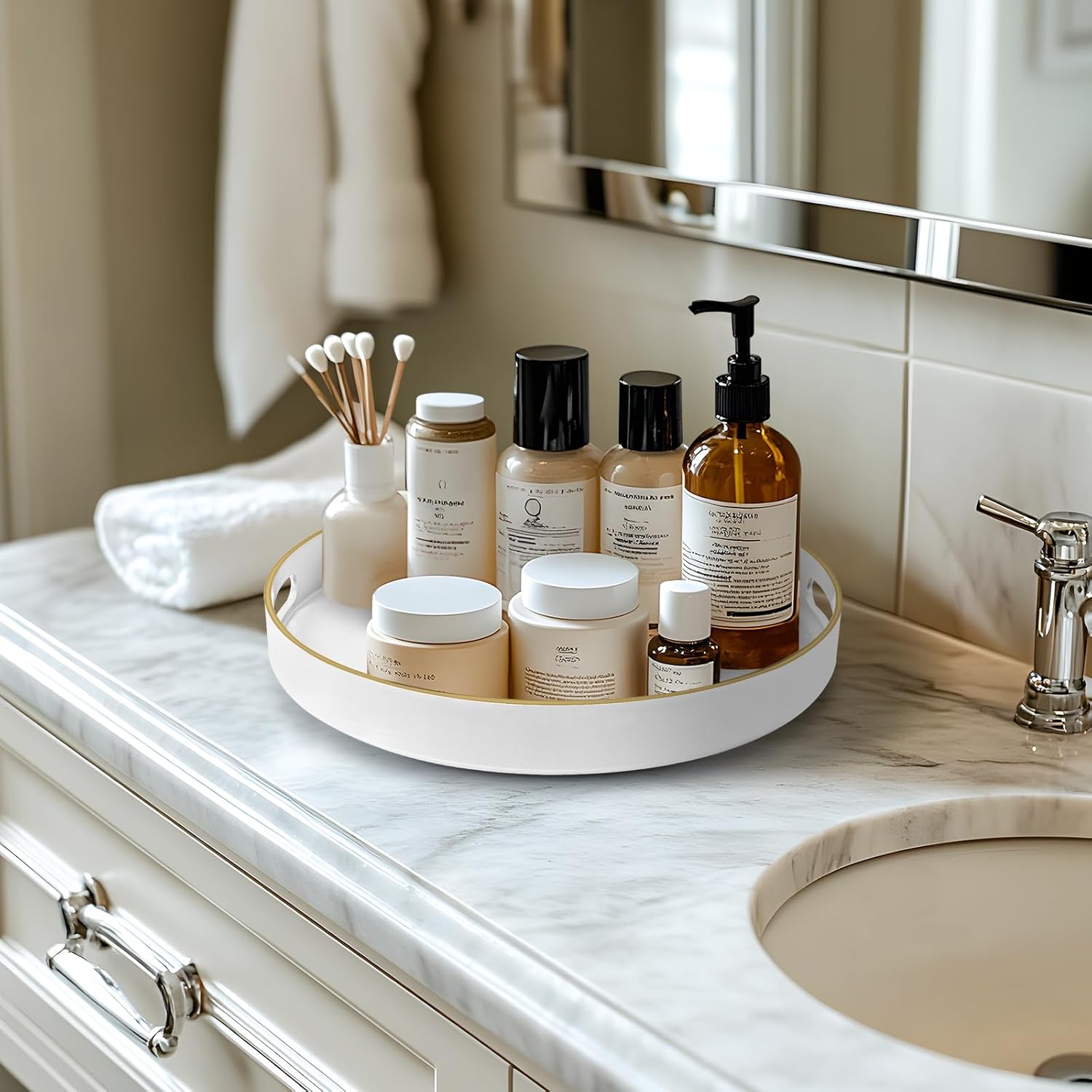 MAOANME 13" Lazy Susan Organizer for Cabinet, 360° Turntable Organizer with Handles, White Rotating Tray Organizers and Storage for Kitchen, Pantry, Bathroom, Table