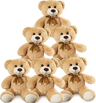 Plush Teddy Bear Cute Stuffed Animal Bear with Bow Plush Toys 13.8 InchesKhaki,6pcs