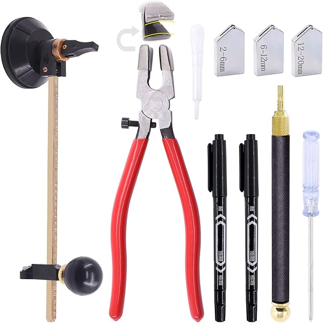 Mardatt Glass Cutter Tool Set Kit Includes Adjustable Circular Glass Cutter, Glass Cutters and Markers for Mirrors Tiles Mosaic