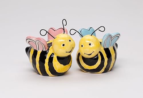 21028 Juego de saleros y pimenteros de cerámica fina Sweet Lovers Bumblebee Bee Couple de 3 pulgadas de largo