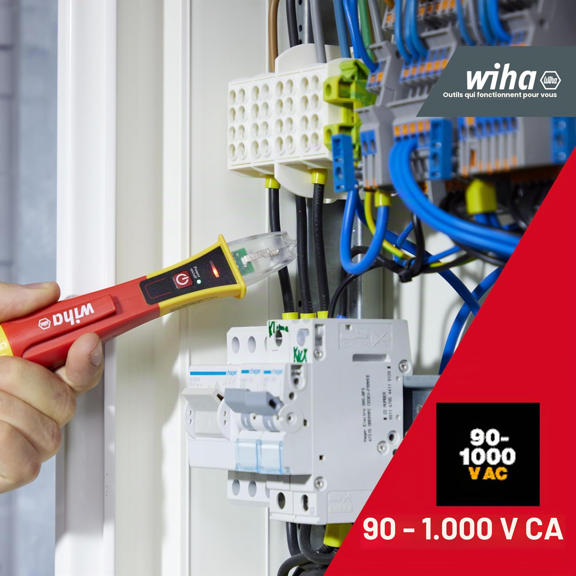 Wiha Détecteur de tension Volt sans contact, unipolaire, 90-1 000 V Courant Alternatif I Testeur de phase à signal optique (43798)