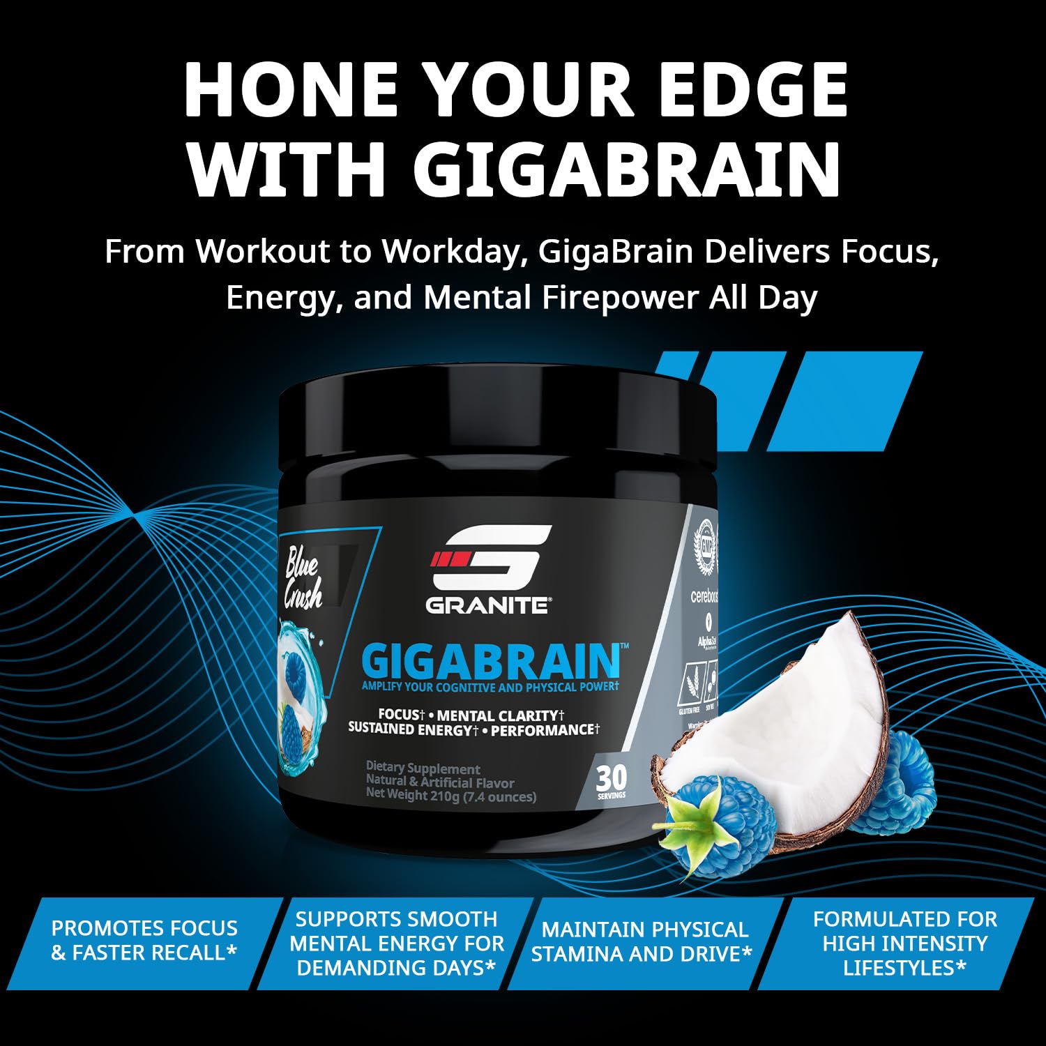 (inv) Granite Nutrition GigaBrain Nootropic Energy Powder – Cereboost, Alpha-GPC & ElevATP – Cognitive Focus Supplement for Sustained Energy & Performance – Blue Crush, 30 Servings