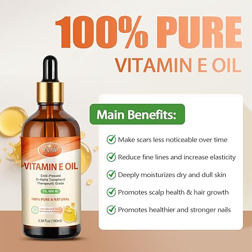 Miniatura 3 de Aceite de vitamina E 100% puro y natural, 70,000 UI de aceite orgánico de vitamina E prensado en frío para piel, cara, cabello, uñas y cicatrices,