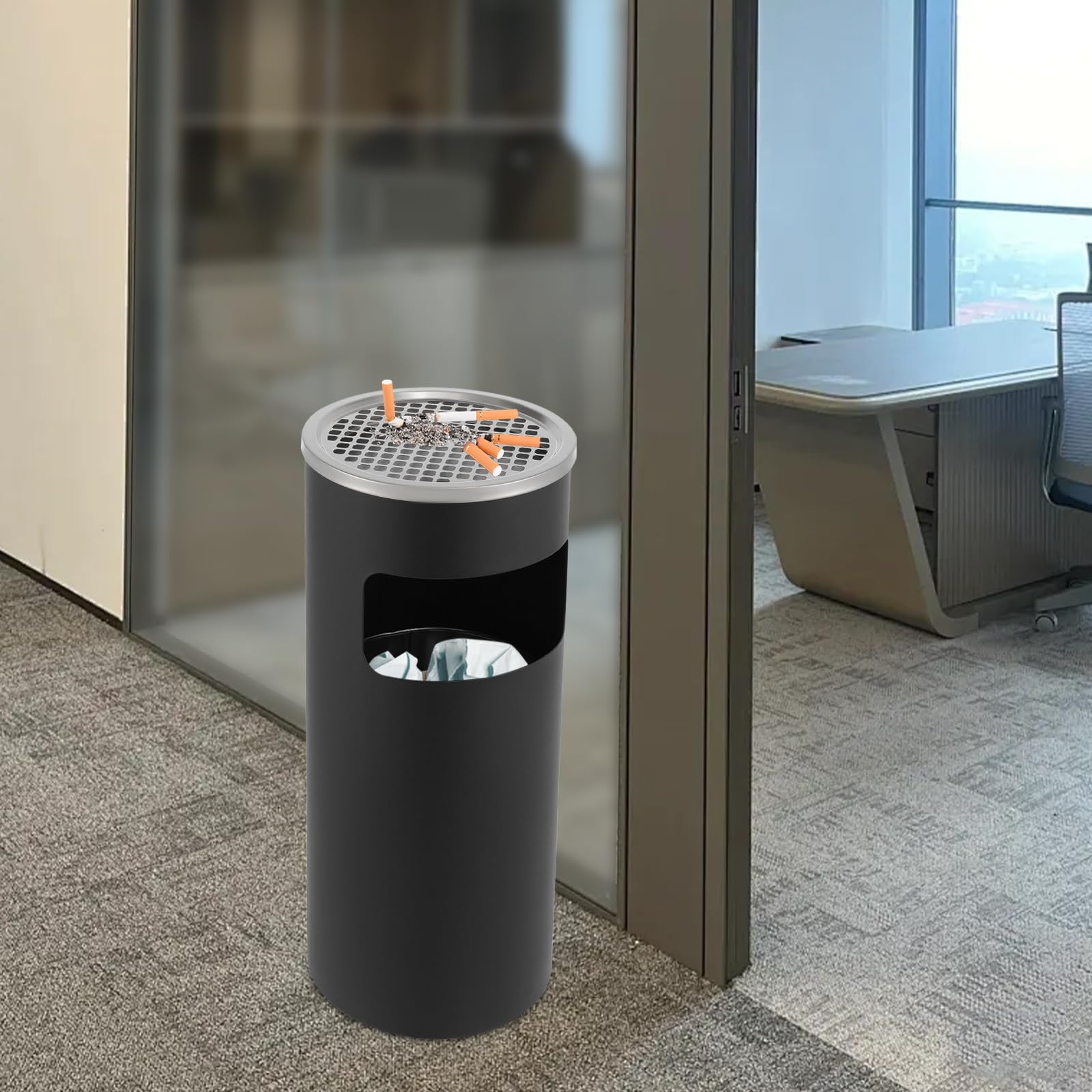 MINUS ONE Contenedor de Cigarrillos de cenicero de pie de Acero Inoxidable, Contenedor de Basura para cenicero de Interior y Exterior de 30L (Negro)