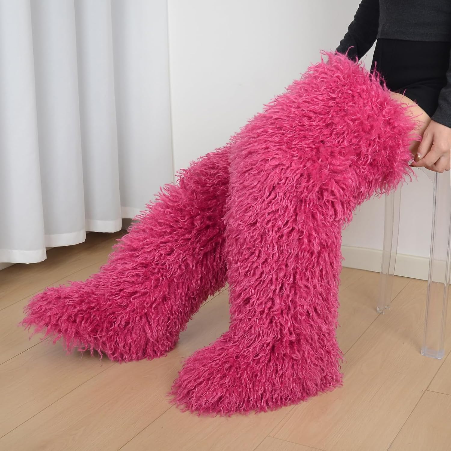 Over The Knee Boots for Women Fuzzy Winter Faux Fur Long Black Thigh High Boots Wide Calf Furry Tall Fur Boots