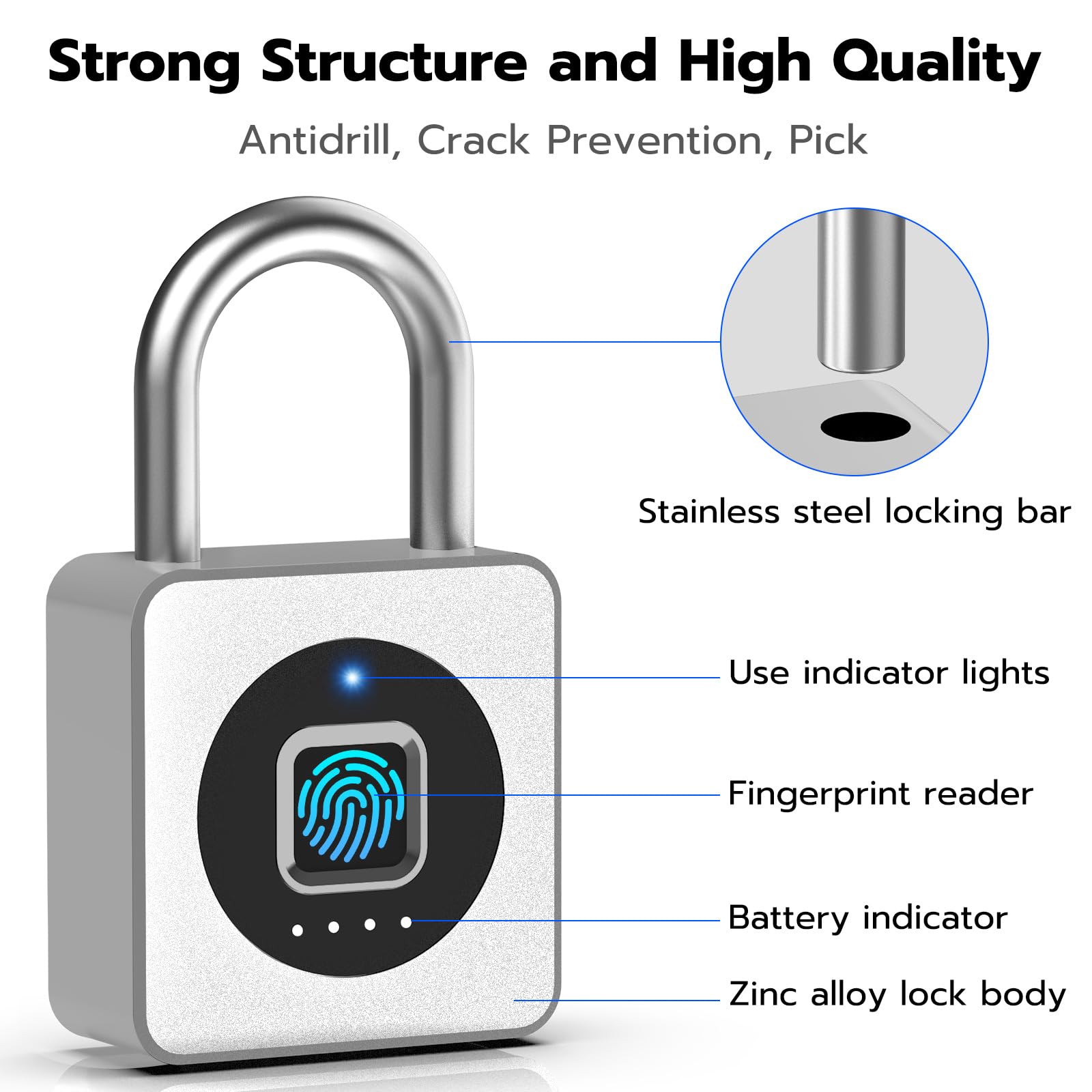 Eseesmart Cadenas à empreintes digitales, combinaison biométrique, cadenas sans clé, verrouillage de charge USB, serrure de gym pour casier, bagages, valises