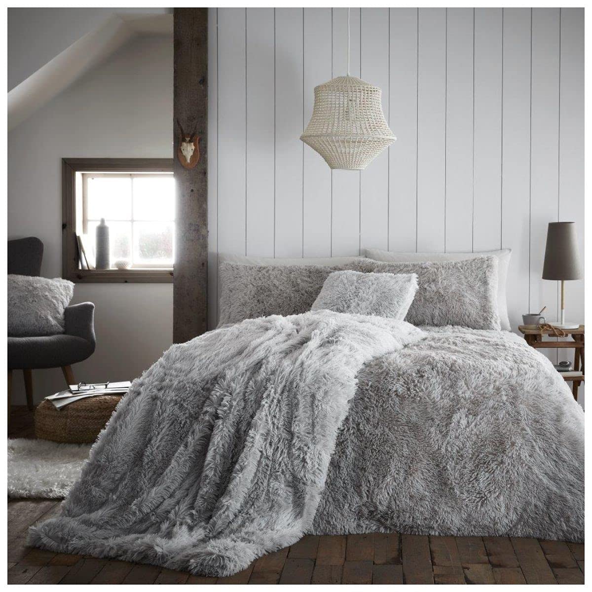 GC GAVENO CAVAILIA Hug Snug Shaggy Duvet Cover, Warm Cosy Teddy Fleece Quilt Thermal Bedding Set With Pillowcase, Single, Silver
