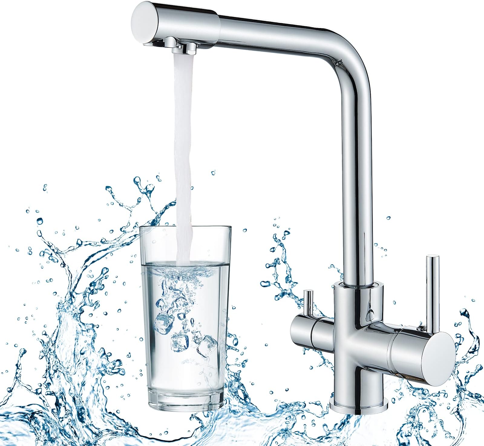 Rozin Kitchen Tap 3 Way with Filter Water System Double Handles Drinking Water and Cold Hot Water 360° Swivel Chrome Tap