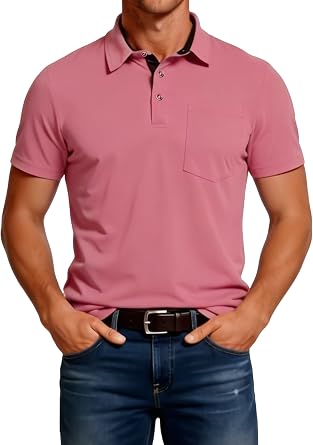 Mens Wrinkle-Free Pocket Golf Polo Shirts Short Sleeve Casual Business Regular Dry Fit Contrast Collared Shirts UPF 30+