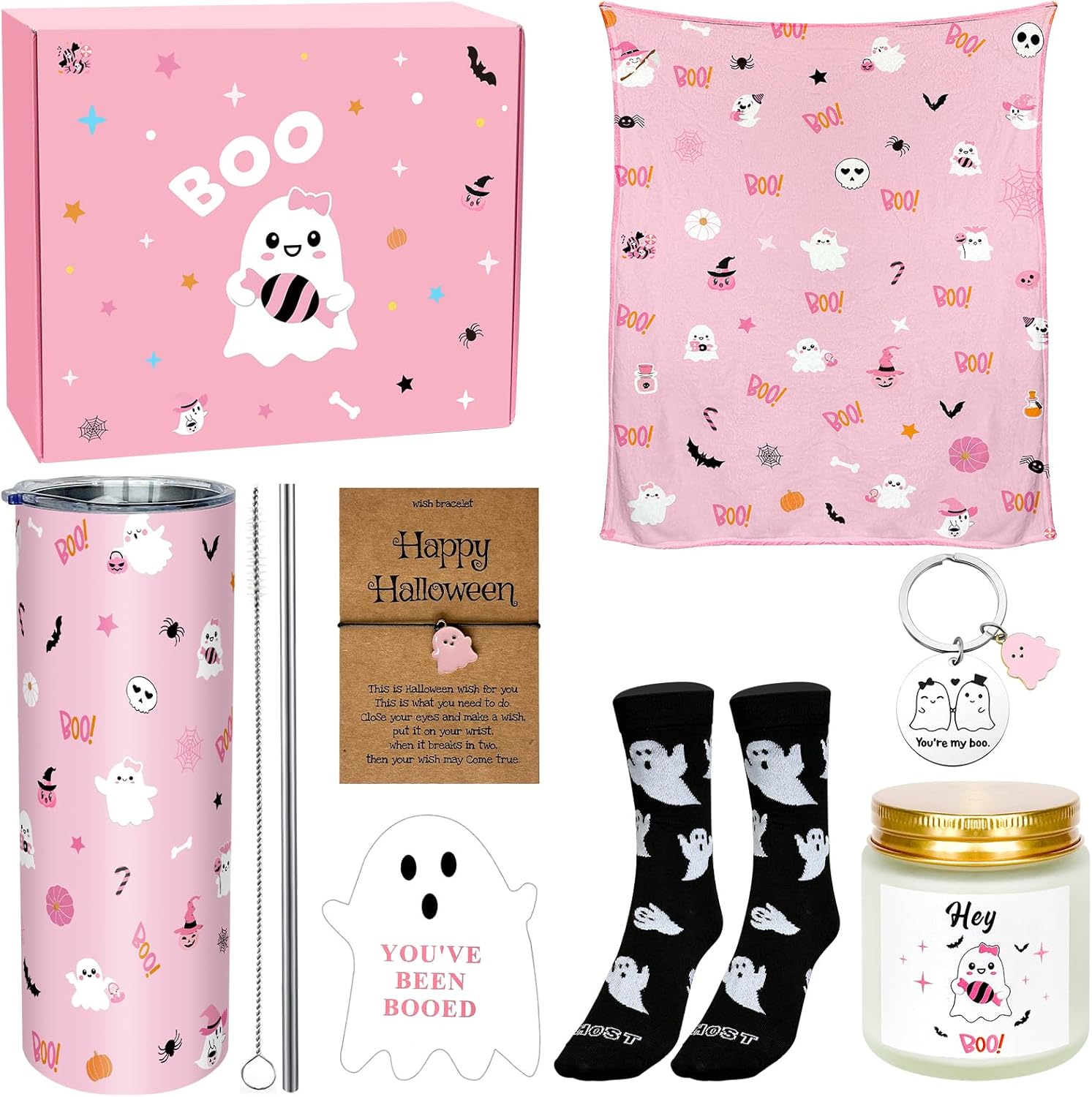 8 Pcs Halloween Boo Basket Gifts Pink Ghost Gift Halloween Boo Basket Stuffers for Women Include 20 oz Ghost Tumbler with Lid and Straw Throw Blanket Socks Keychain Bracelet Candle Card with Gift Box