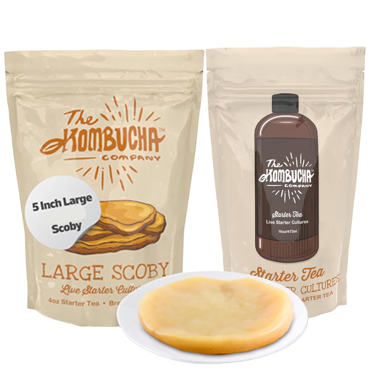 The Kombucha Company Large Kombucha Scoby | 16oz Bottle of Starter Tea &amp; Brewing Guide l Makes One Gallon | Brew Kombucha from Home | Made From Purified Rainwater