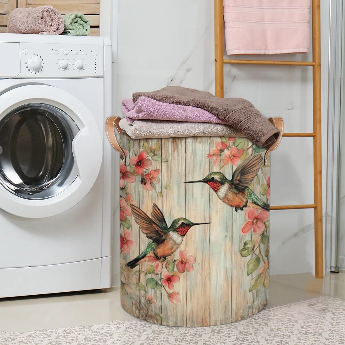 Vintage Flower Hummingbird Laundry Basket Wooden Board Large Laundry Hamper Collapsible Organizer Basket Clothes Bin Storage Boxs for Bedroom Bathroom Dorm