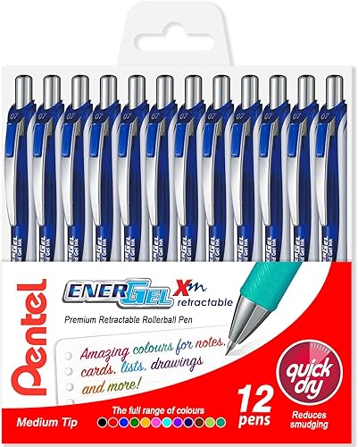 Pentel EnerGel XM BL77 - Bolígrafo retráctil de tinta de gel líquido, 0.028 in, 54% reciclado, tinta azul, paquete de 12 pulgadas, cartera