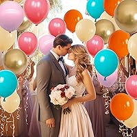 Vista 8 de Globos de color rosa, azul y naranja, 60 globos de fiesta color turquesa coral pastel, globos dorados metálicos beige nude, globo de novia