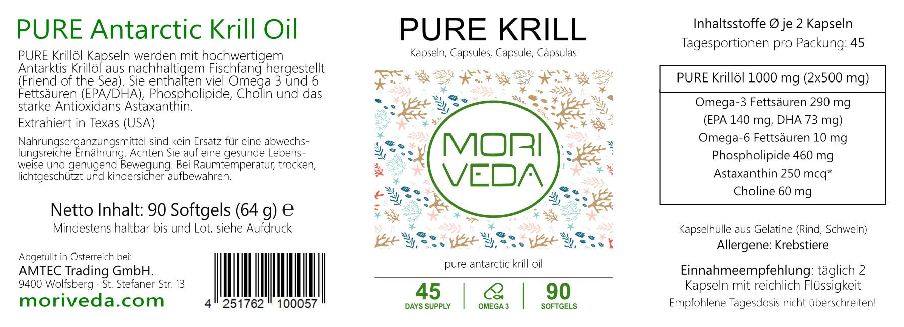 Capsules d'huile de krill - 1000mg d'huile de krill PURE pendant 135 jours - avec astaxanthine oméga 3-6 EPA DHA phospholipides de choline - Moriveda 3x 90 capsules