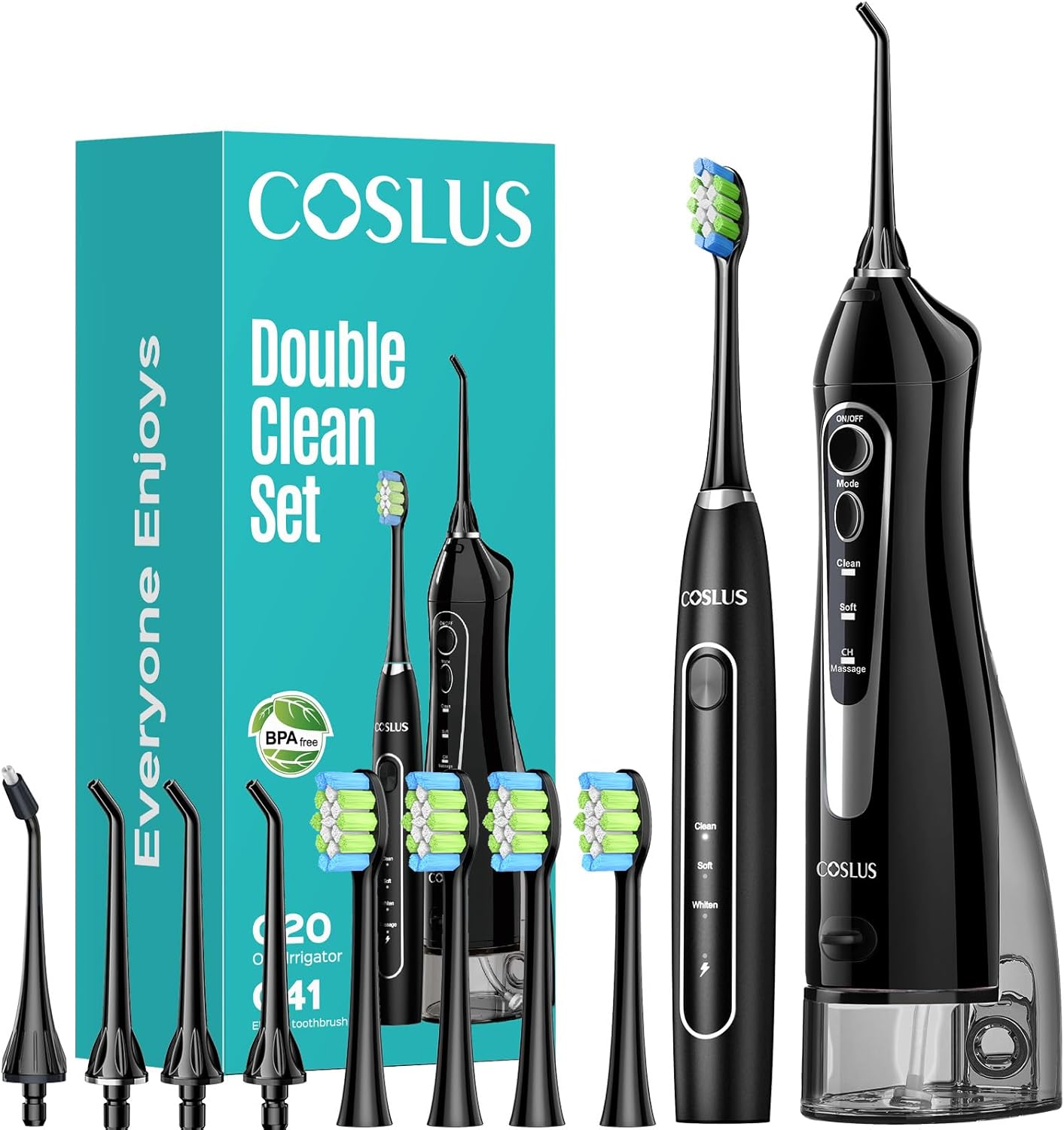 COSLUS C20 & C41 Portable Water Flosser with Electric Toothbrush Combo: 2-in-1 Oral Clean Kit for Teeth, Braces, Gums Care – Brushing & Flossing for Adults, Family, Travel Use, BPA-Free, Black