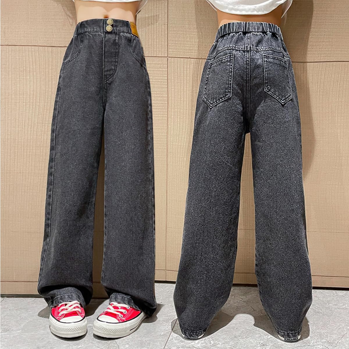 Jeans holgados para niñas y niñas, pantalones de mezclilla casuales de pierna ancha y cintura alta, talla 5-14 años