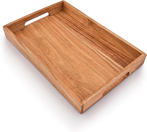 Miniatura 3 de Samhita Bandeja de madera de acacia con asas, bandeja de madera, bandeja de aperitivos, bandeja de desayuno, ideal para desayuno, mesas de café,