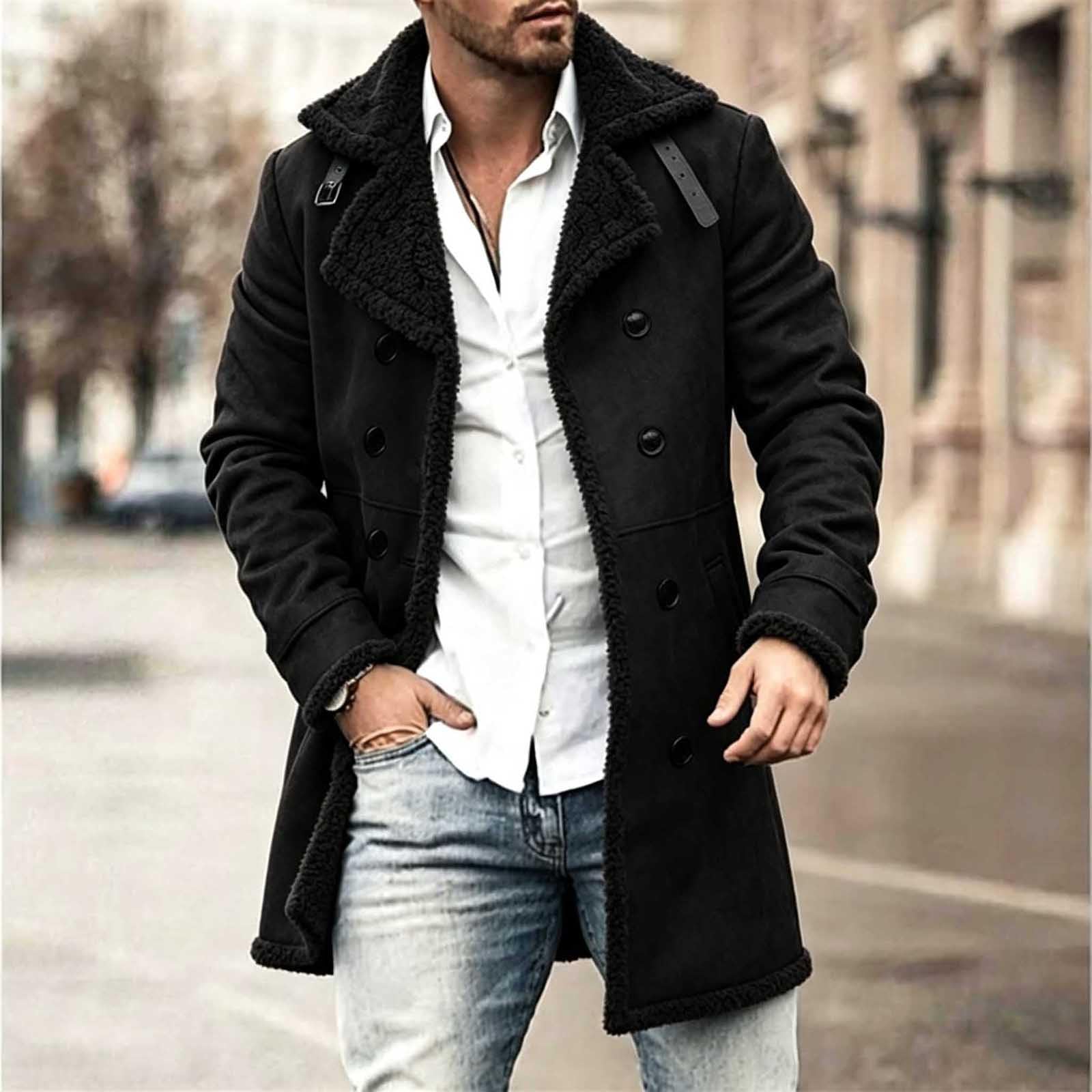 Manteau Homme Col Revers Polaire Mi-Long Boutons Poches Élégant Décontracté