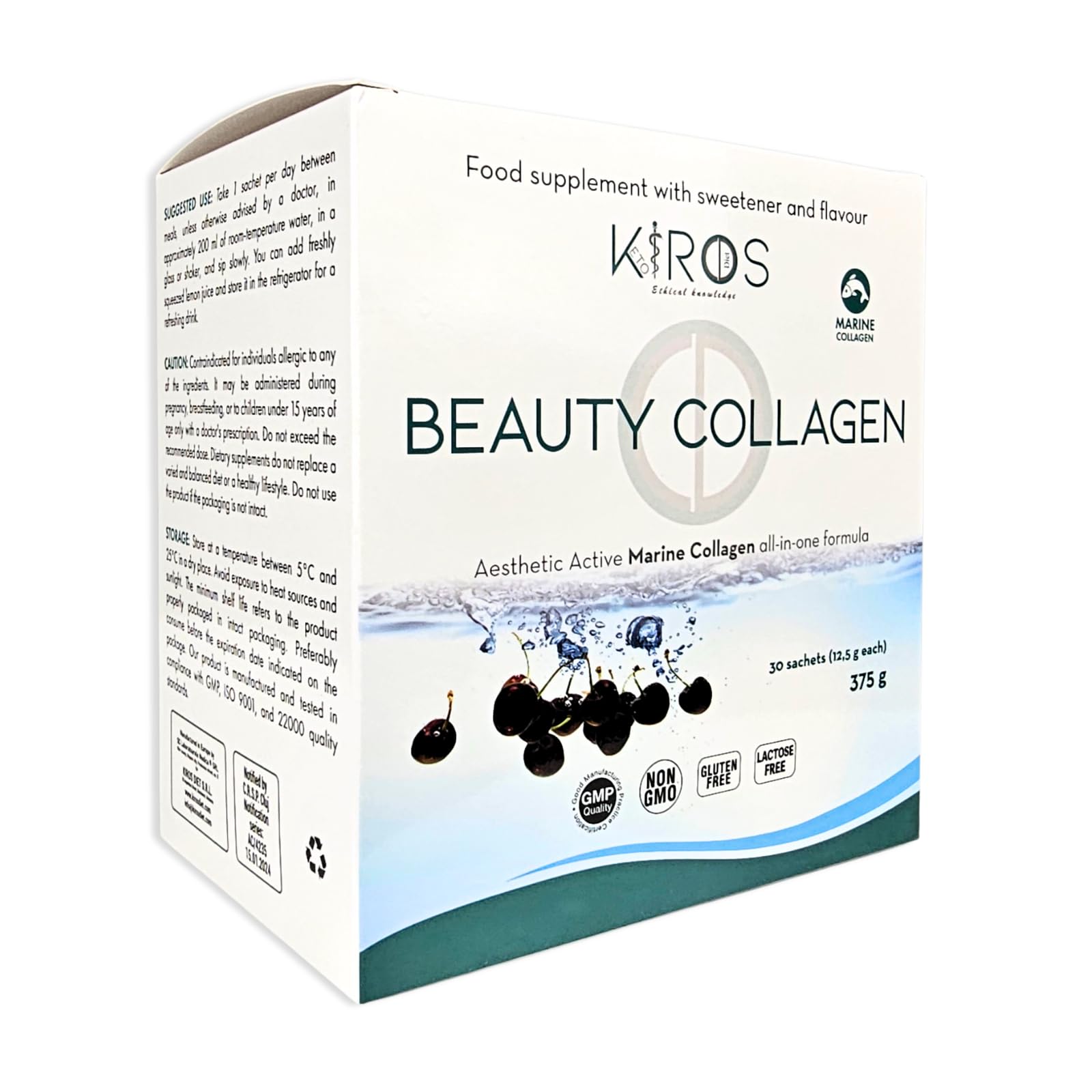 KIROS BEAUTY COLLAGEN – Collagene Marino Idrolizzato 10g con Acido Ialuronico, Vitamina C, Integratore Collagene per Pelle, Capelli e Unghie con Biotina e Zinco, 30 Bustine Gusto Amarena