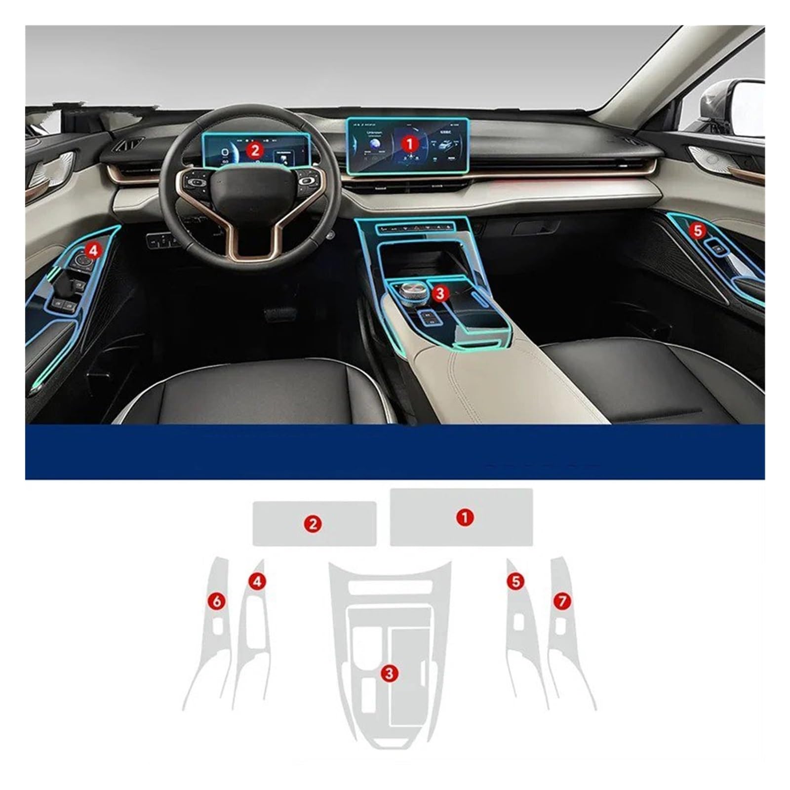 Navigation Displayschutz Für Haval H6 3rd Für Gen 2021-2024 Auto Center Konsole Navigation Dashboard Getriebe Tür Fenster Panel Innen Film Tpu Transparent LHD Displayschutzfolie(Whole set)
