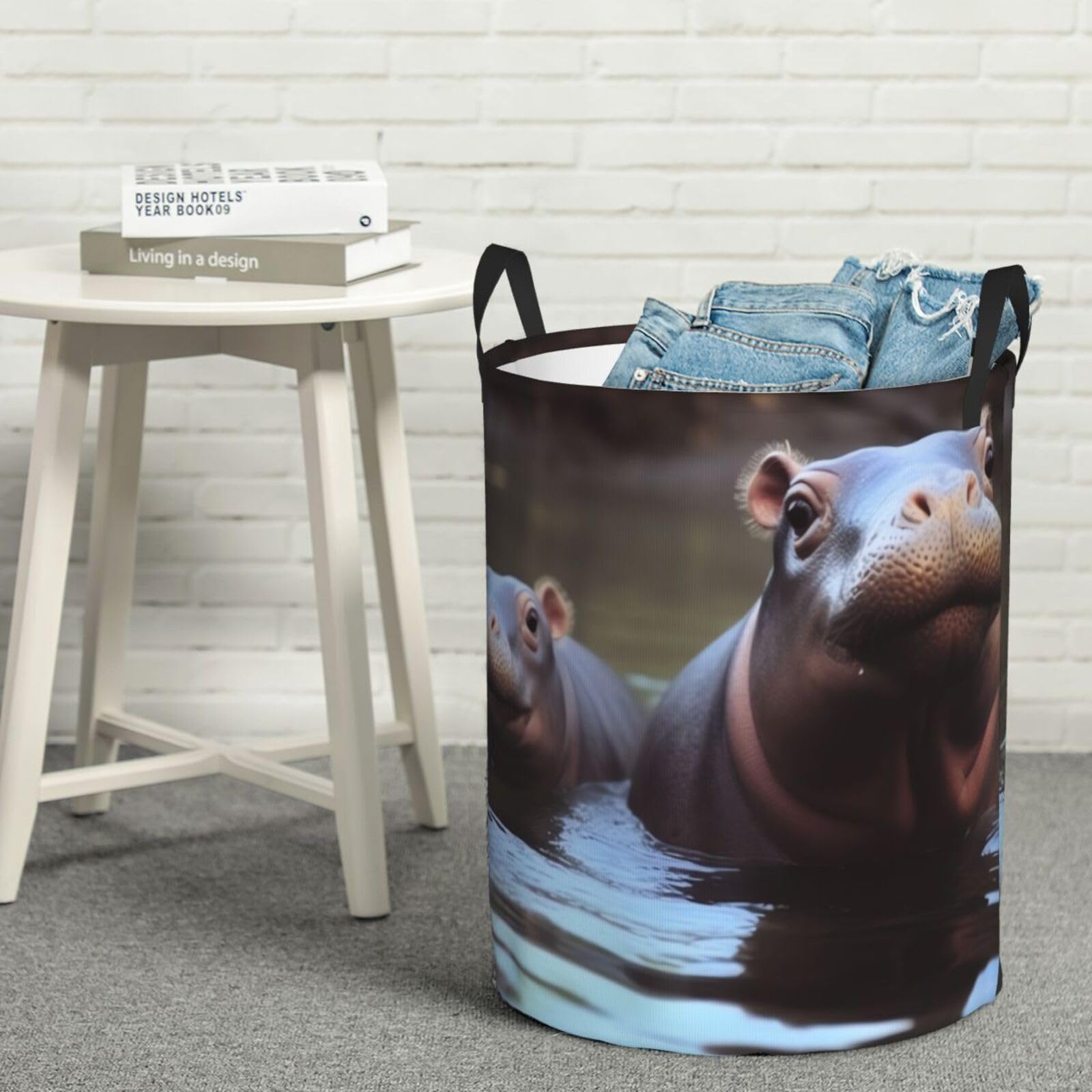 Fodpand Black Hippos Laundry Basket With Handle, Freestanding Laundry Hamper, Collapsible Dirty Clothes Hamper, Waterproof Fabric Blanket Storage Basket Tall Toy Storage Bin Room Decor Small