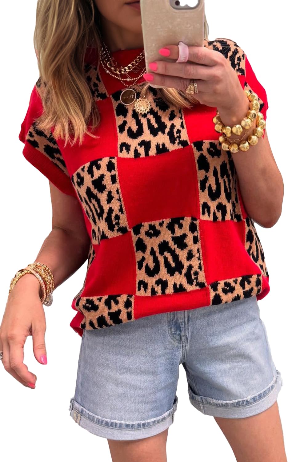KevaMolly Womens Valentines Sweater 2-Tone Heart Print Valentine Crew Neck Short Sleeve Sweater Pullover Top