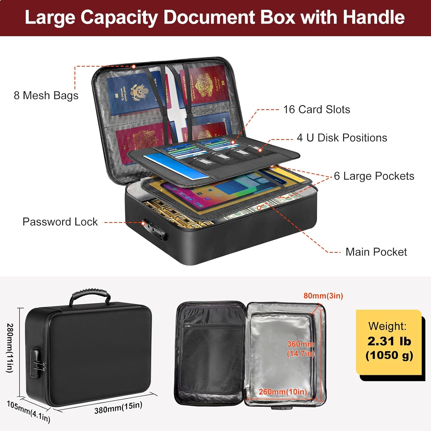 Fireproof Document Box with 5200℉ Heat Insulated, Document Organizer with Lock and Aluminum Foil Fire-Retardant Lining, Portable Home Travel Safe Storage with Multi-Layer for Important Documents