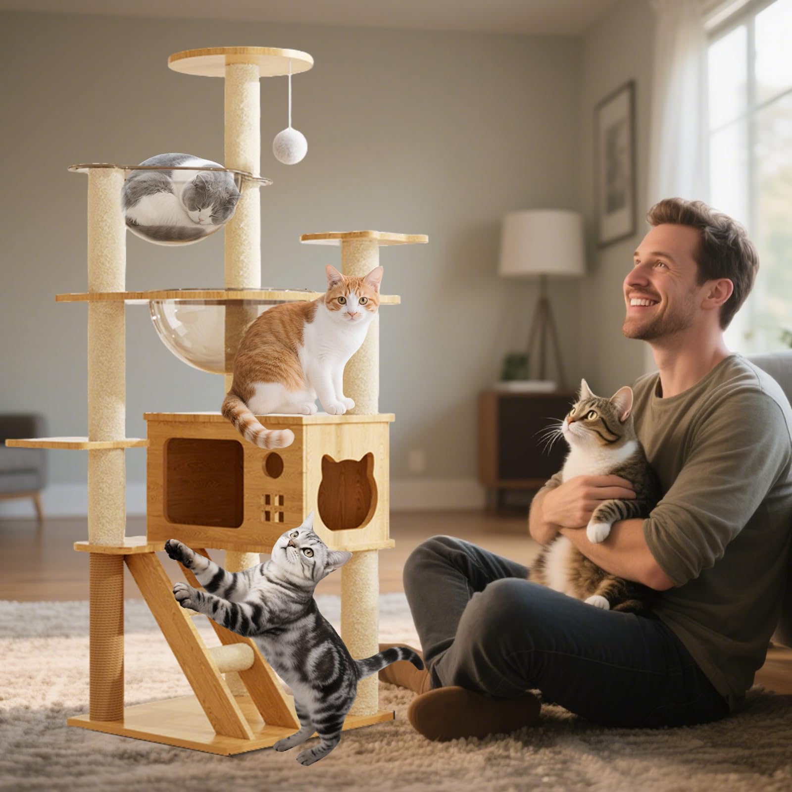 PETCUTE Rascador para Gato,Árbol para Gatos de Madera,Torre de Gato con Cápsula Espacial,Postes Rascadores, 2 Plataformas,1 Cueva, 1 Pompones,Escalera,Muebles para Gatos
