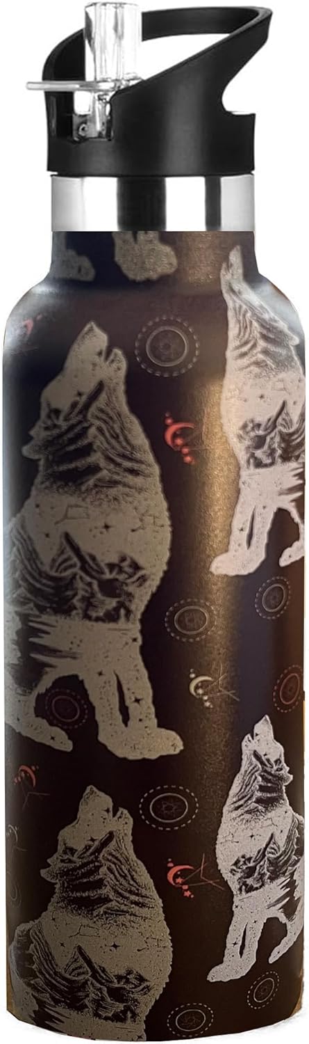 Wolf Water Bottle Adult Kids With Straw Lid Insulated Stainless Steel Travel Mugs for Sport Gym Outdoor 20oz