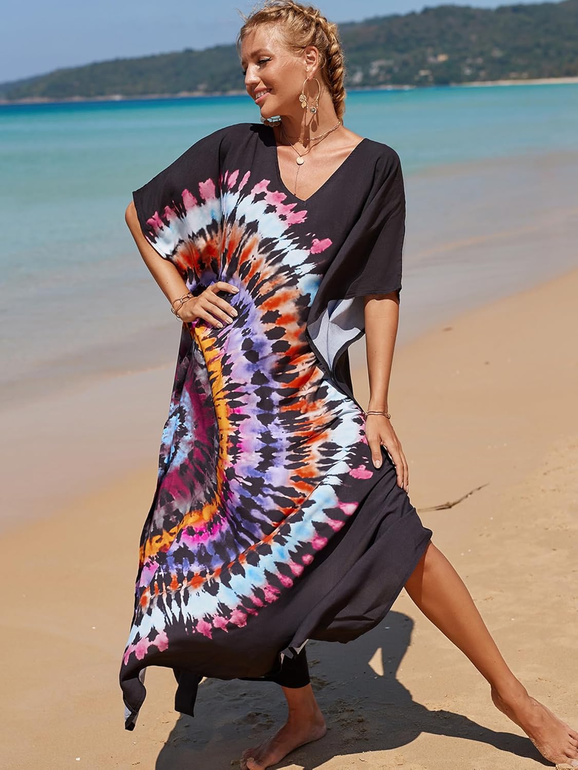 Chunoy Women Casual V Neck Kaftan Dress Kimono Sleeve Bathing Suit Beach Cover Up Caftan Side Split Dresses - Image 5