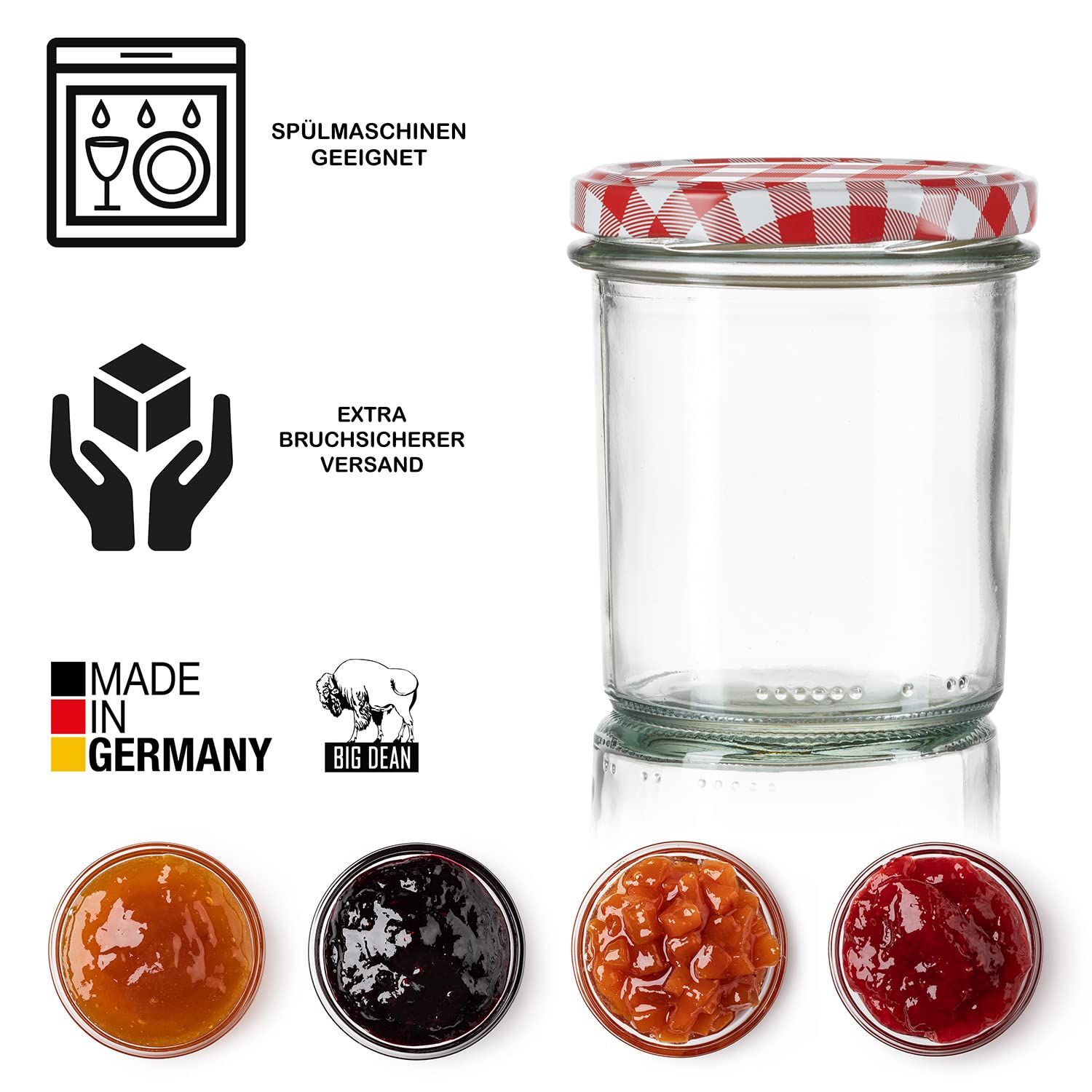 BigDean 108 Sturzgläser 350ml Einmachgläser Schraubgläser TO82 mit Deckel | Einweckgläser Marmeladengläser mit Schraub-Deckel TO 82 - Rot kariert - Made in Germany