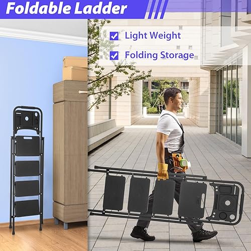 Miniatura 6 de Escalera escalonada, taburete plegable con pedal antideslizante ancho, ligero, taburete de acero portátil, perfecto para cocina y hogar, interior y