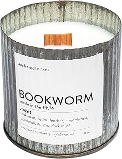 Anchored Northwest - Bookworm Scented Rustic Vintage Candle, 10oz Corrugated Metal Tin, American Cedar Wood Wick, Hand Poured, Essential Oil Blend 100% Soy Wax, 60 Hour Burn