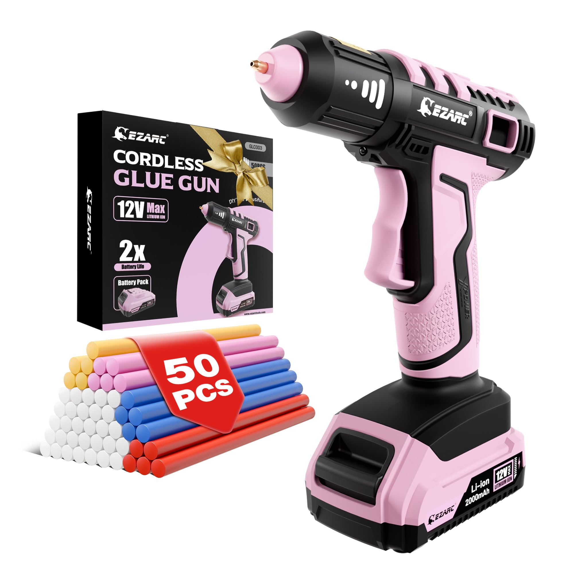 EZARC Pistolet à Colle Sans Fil, Chauffage Rapide 15s, 12V, Mini Pistolet à Colle pour Bricolage, Réparations Maison, Projets Scolaires, Décorations, avec 50 Mini Bâtons de Colle, Rose