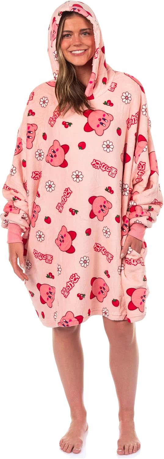 Kirby Flower and Cherry Motif Adult Plush Fleece Wearable Blanket Hoodie OSFA