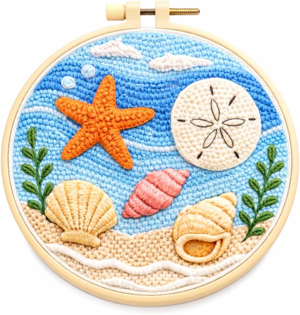 ZMYORAH DIY Punch Needle Kits for Beginners, Ocean Beach Starfish & Seashell Punch Embroidery Craft Kit for Adults, Easy DIY Starter Set with Printed Fabric, Handmade Coastal Wall Decor Gift 20x20cm