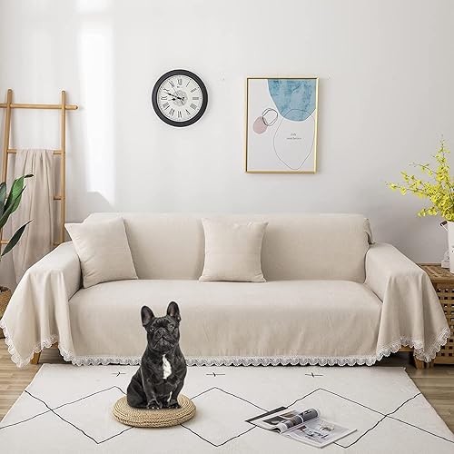 ROOMLIFE Funda para sofá, funda de felpilla blanca marfil con borde de encaje grande para sofá de 3 plazas, protector de muebles para sala de estar,
