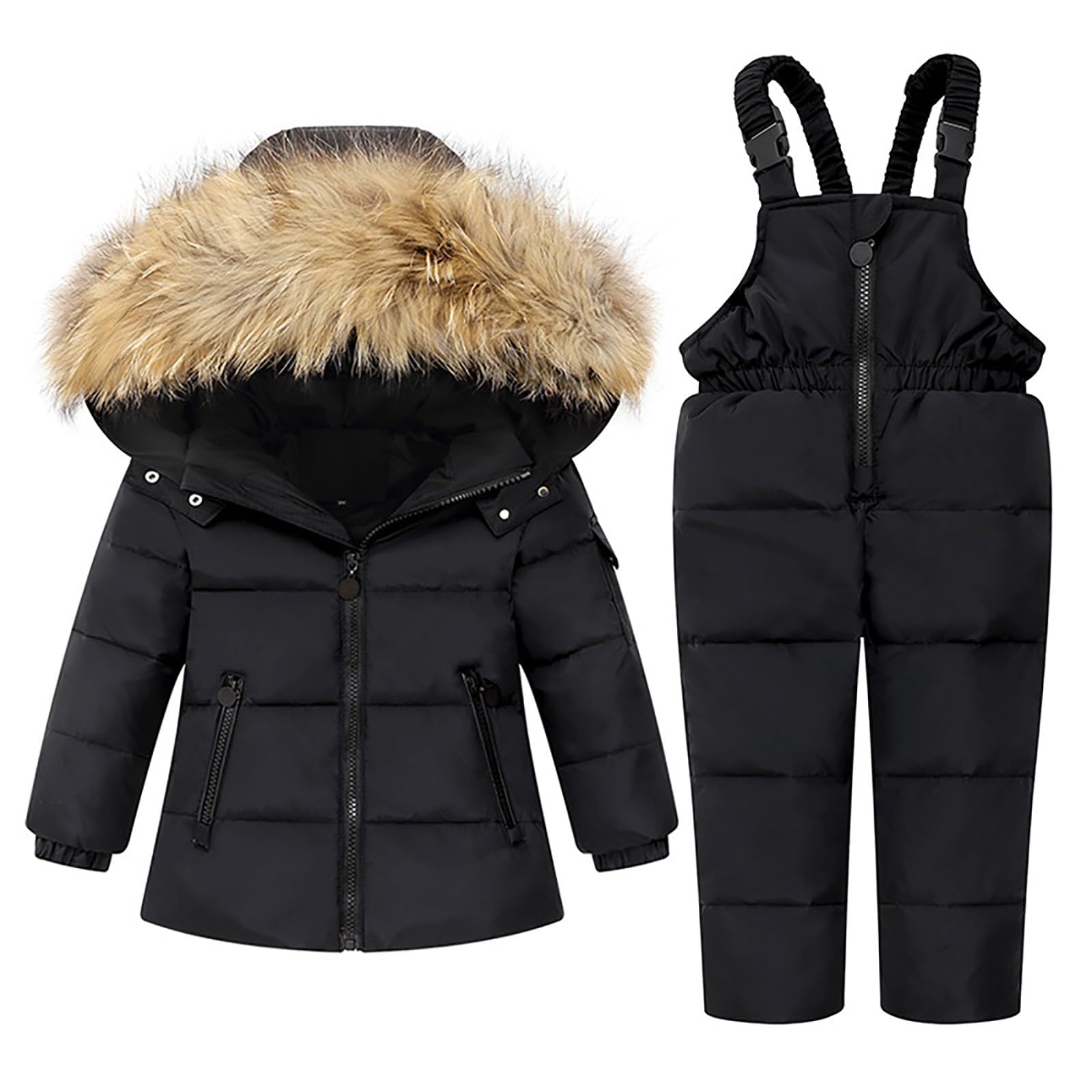 Enfant Combinaison de Ski avec Veste de Duvet, Doudoune à Capuche + Pantalon de Ski Bébé Filles Combinaison de Neige 2PCS Ensemble de Ski Hiver Manteau de Duvet Salopettes de Ski, Rose 1-6 Ans