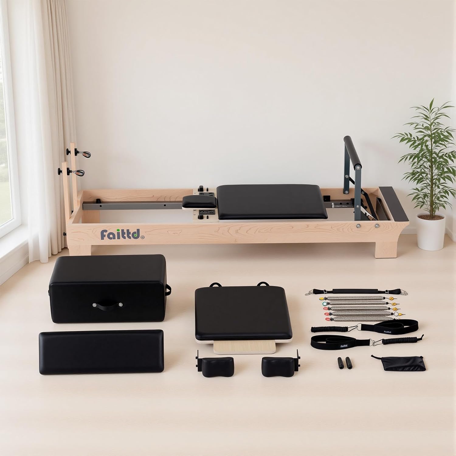 Studio Pilates Reformer , Pilates Reformer Machine for Home and Studio, Quick Change of Bar Positions, Spring Bar and Pulleys, Includes Jumping Board and Pilates Sitting Box