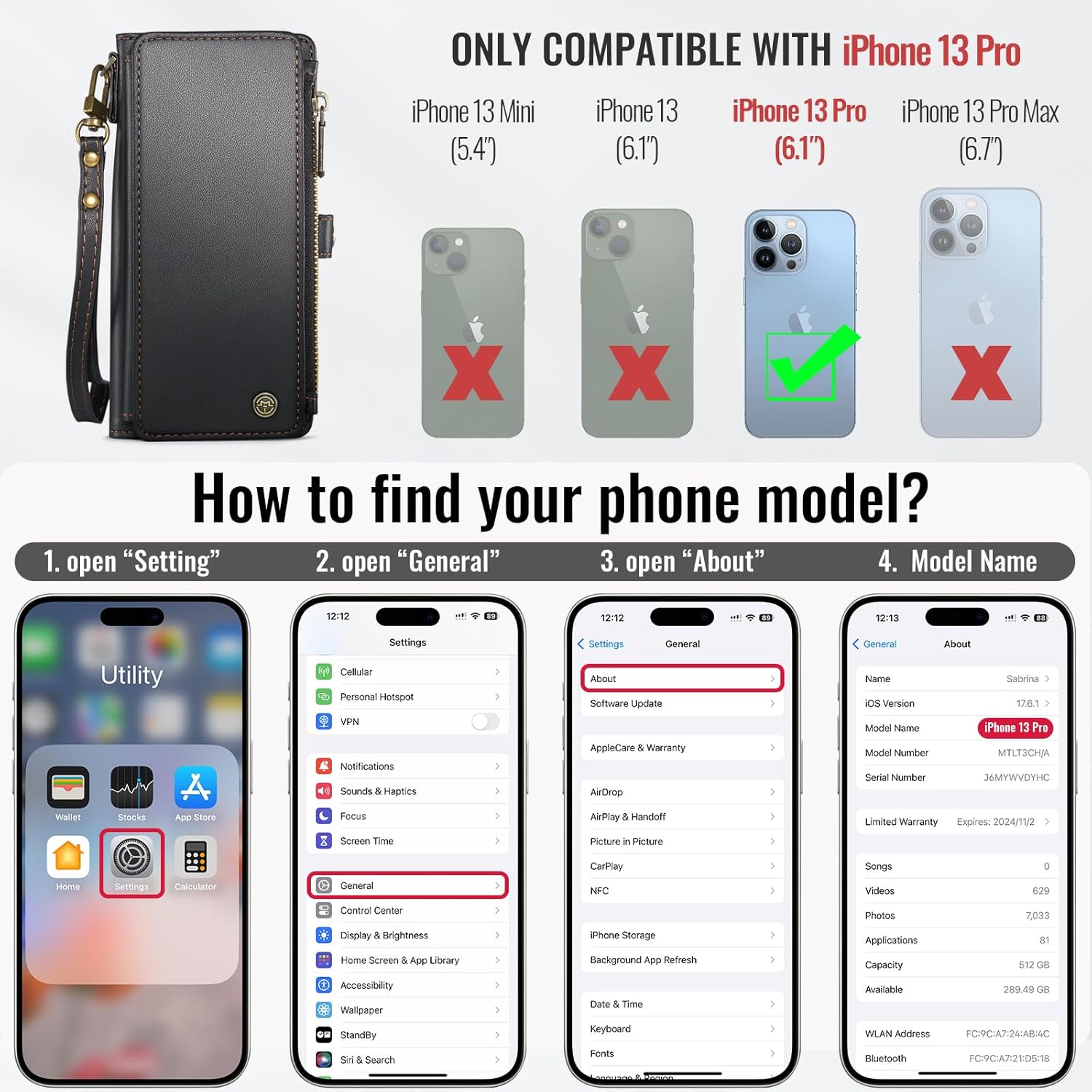 Defencase Compatible with iPhone 13 Pro Case Wallet with RFID Blocking Card Holder for Women Men, Soft PU Leather Magnetic Snap Flip Zipper Strap Wallet Phone Case Fit for iPhone 13 Pro 6.1", Black