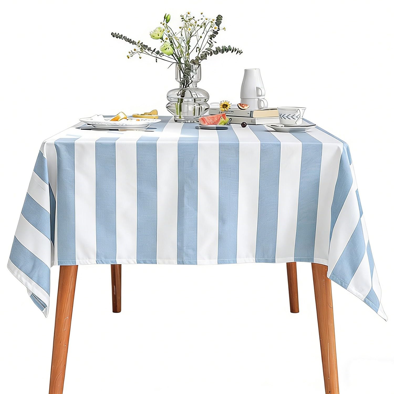 Nappe de table rectangulaire en lin rayé bleu clair 90x140cm pour décoration