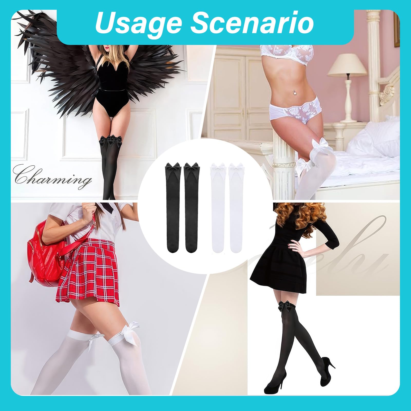2 pares Medias Mujer,Antideslizante,Medias con Lazo,Estilo y Sofisticación,Opacas de Muslo de Mujeres Medias Largas Sobre Rodilla,Ideales para Todo Tipo de Fiestas, Ropa Familiar(Negro y Blanco)