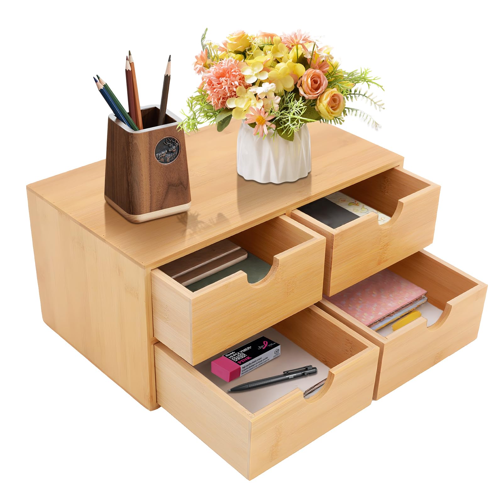 MINRS Organizador de escritorio de madera con cajones, caja de madera, mini cómoda, diseño de una sola pieza, caja de maquillaje con 4 cajones para almacenamiento, decoupage y decoración